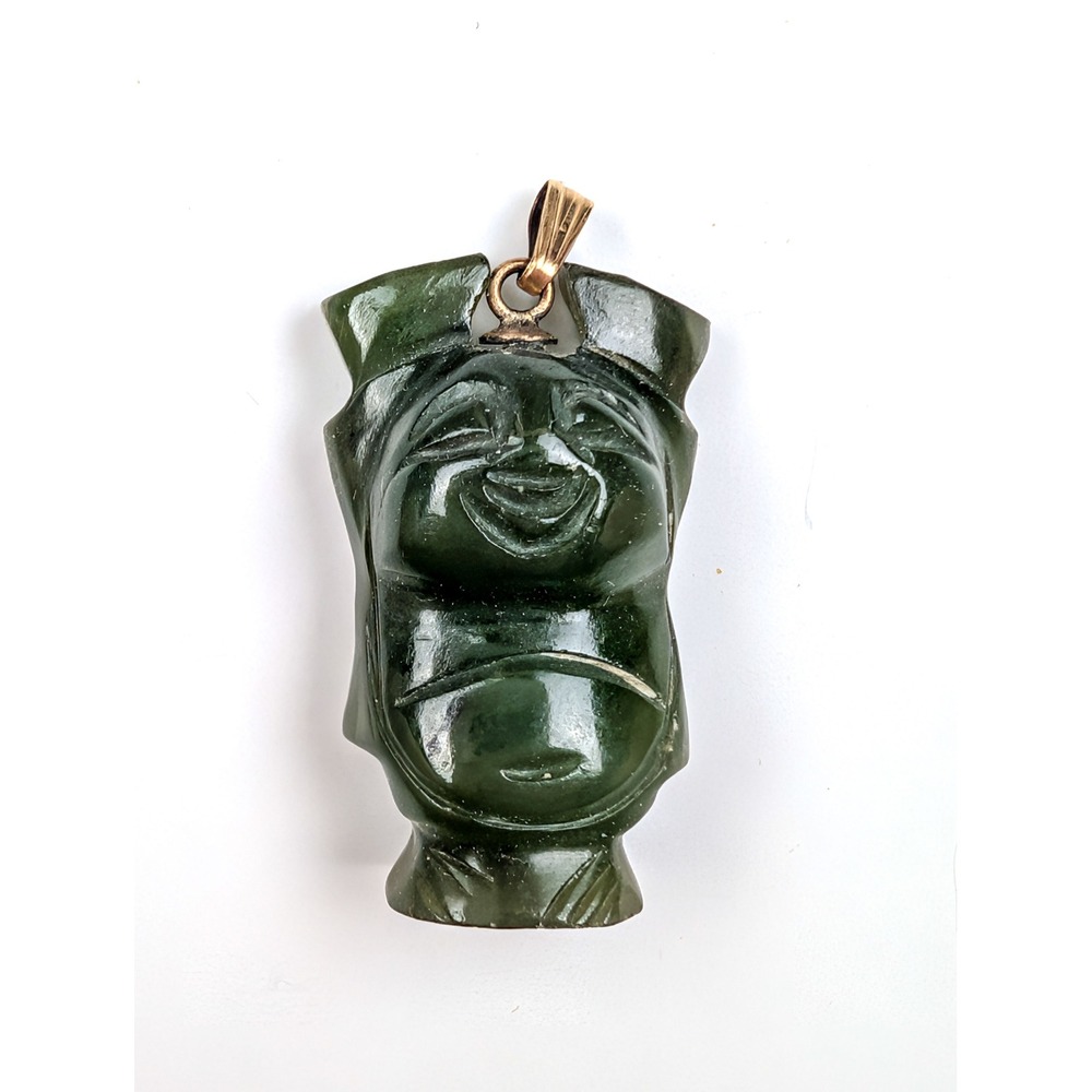 Vintage Carved Green Nephrite Jade Laughing Buddha Pendant Gold Tone Bail 2.8cm